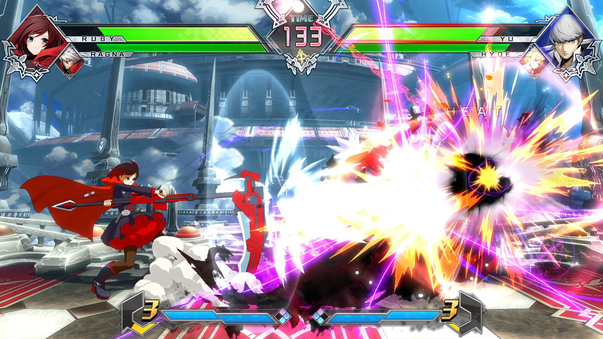 Zwei Anime-Charaktere kämpfen in einer lebendigen Umgebung. Energieexplosion dazwischen.
