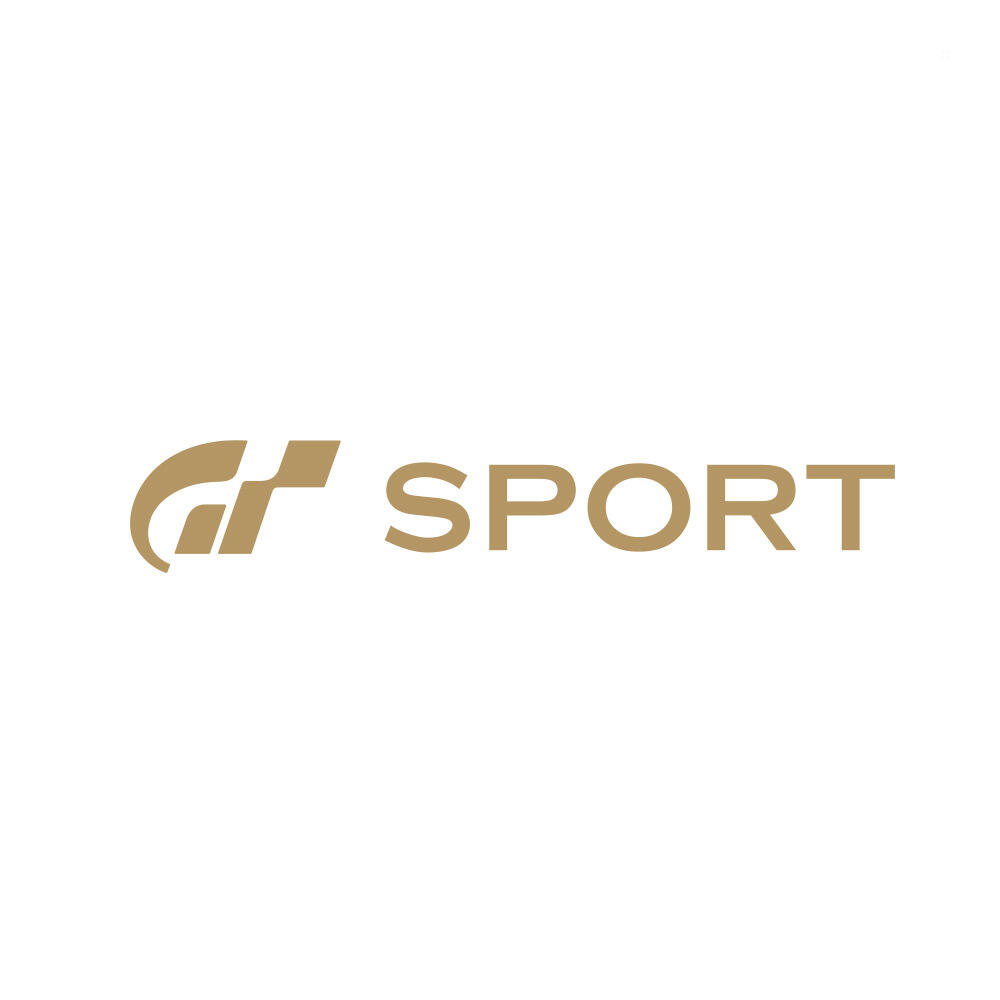 Logo gry Gran Turismo Sport, napisane złotym kolorem na białym tle.