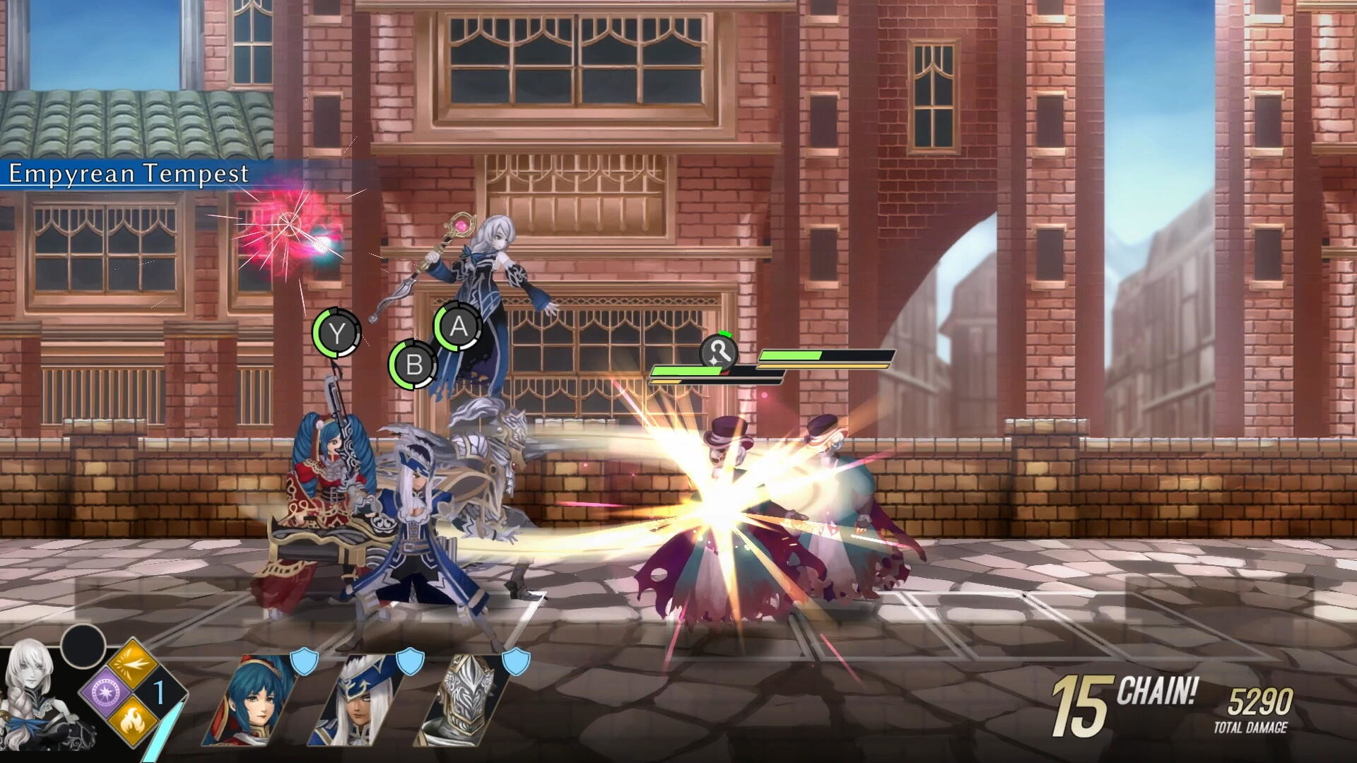 Scena z gry z postaciami w walce, wyświetlany 'Empyrean Tempest'.