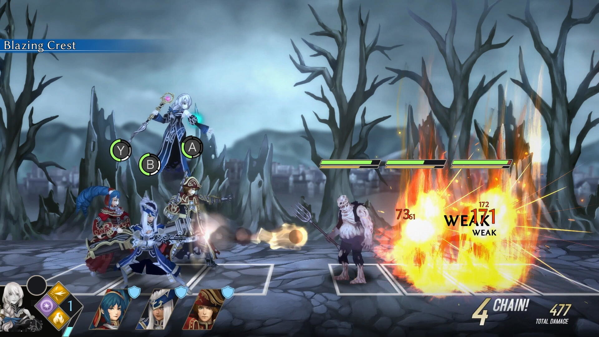 Scena z gry z walczącymi postaciami, ogień na pierwszym planie. Słaby tekst na ogniu.