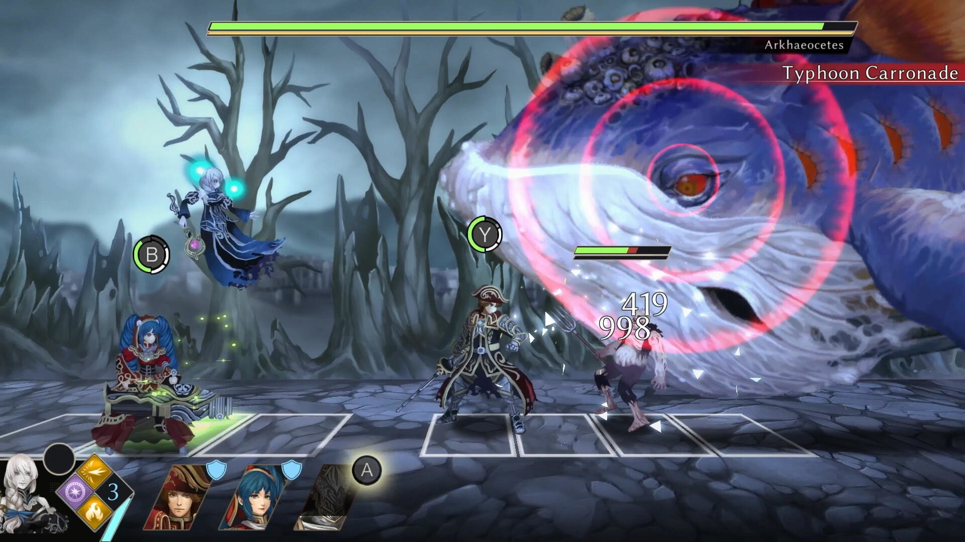 Scena z gry pokazująca postacie walczące z dużą istotą, wyświetlane 'Typhoon Carronade'.