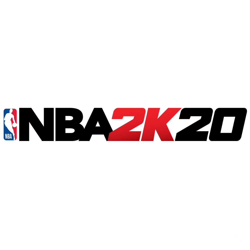 Logo NBA 2K20, czarny i czerwony tekst na białym tle.