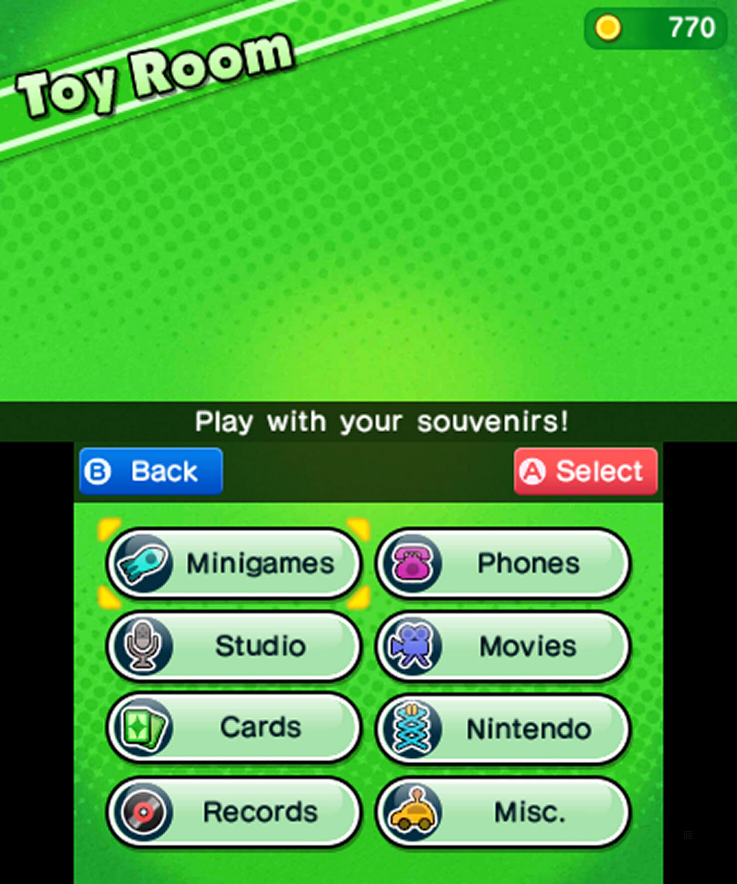 Zrzut ekranu menu gry na urządzeniu przenośnym, z opcjami minigier, telefonów i innych.