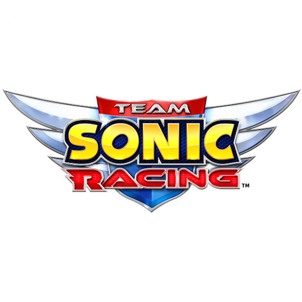 Logo Team Sonic Racing. Niebieska tarcza, czerwony banner, srebrne skrzydła. Żółty tekst.