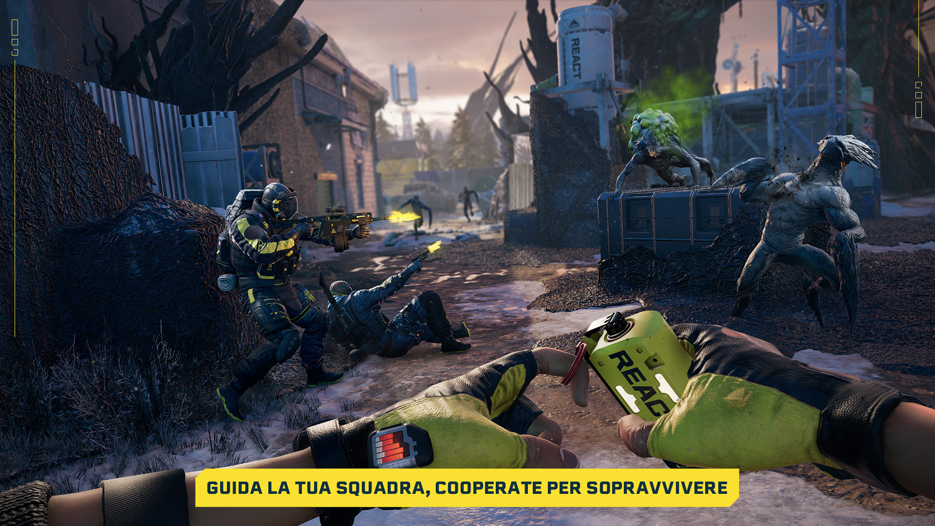 Soldati in combattimento con alieni in un ambiente nevoso. Esplosioni e azione. Guanti gialli.
