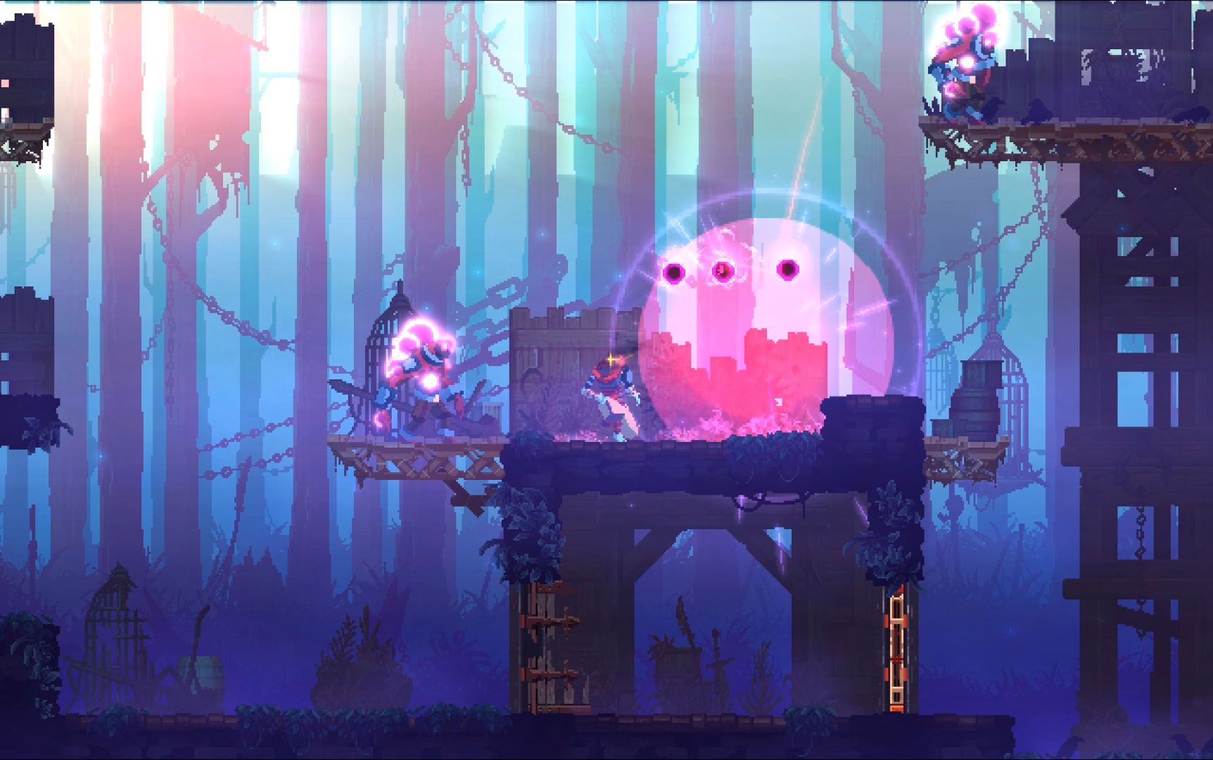 Dead Cells Spielszene. Eine Figur in einer lila-rosa Welt, springend, Feinde und Plattformen sichtbar.