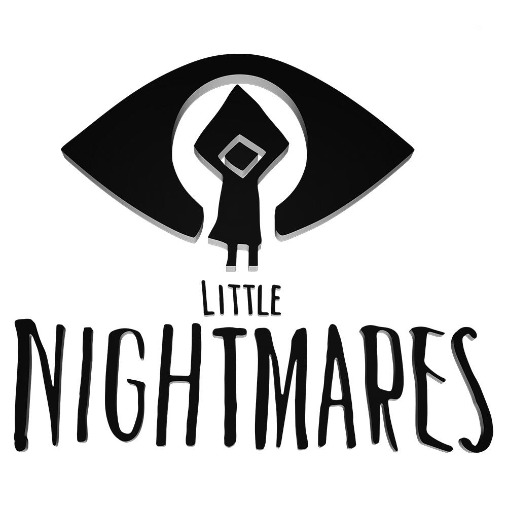 Logotipo en blanco y negro. Forma de ojo sobre la palabra 'LITTLE NIGHTMARES' en negrita, cursiva.