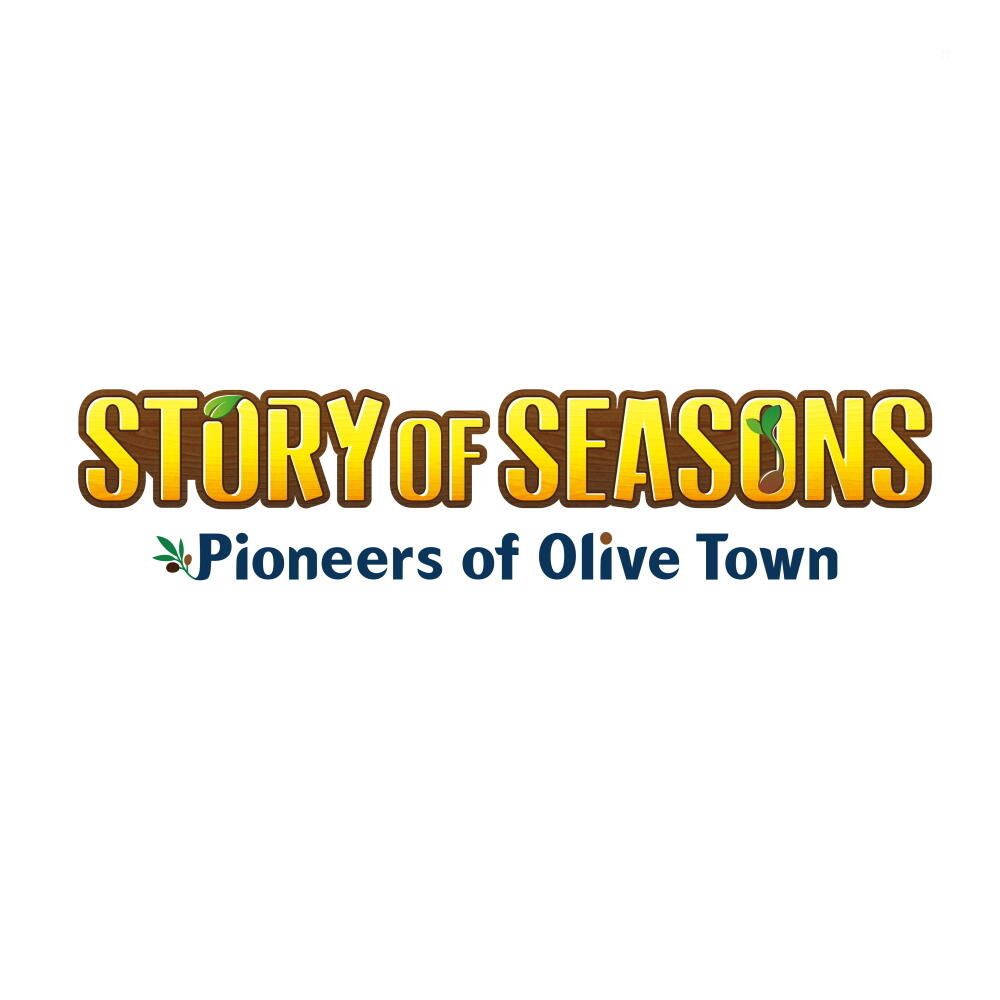 Story of Seasons-Spielelogo. Goldener Titel auf einem braunen Oval, grüne Blätter und ein blauer Untertitel.