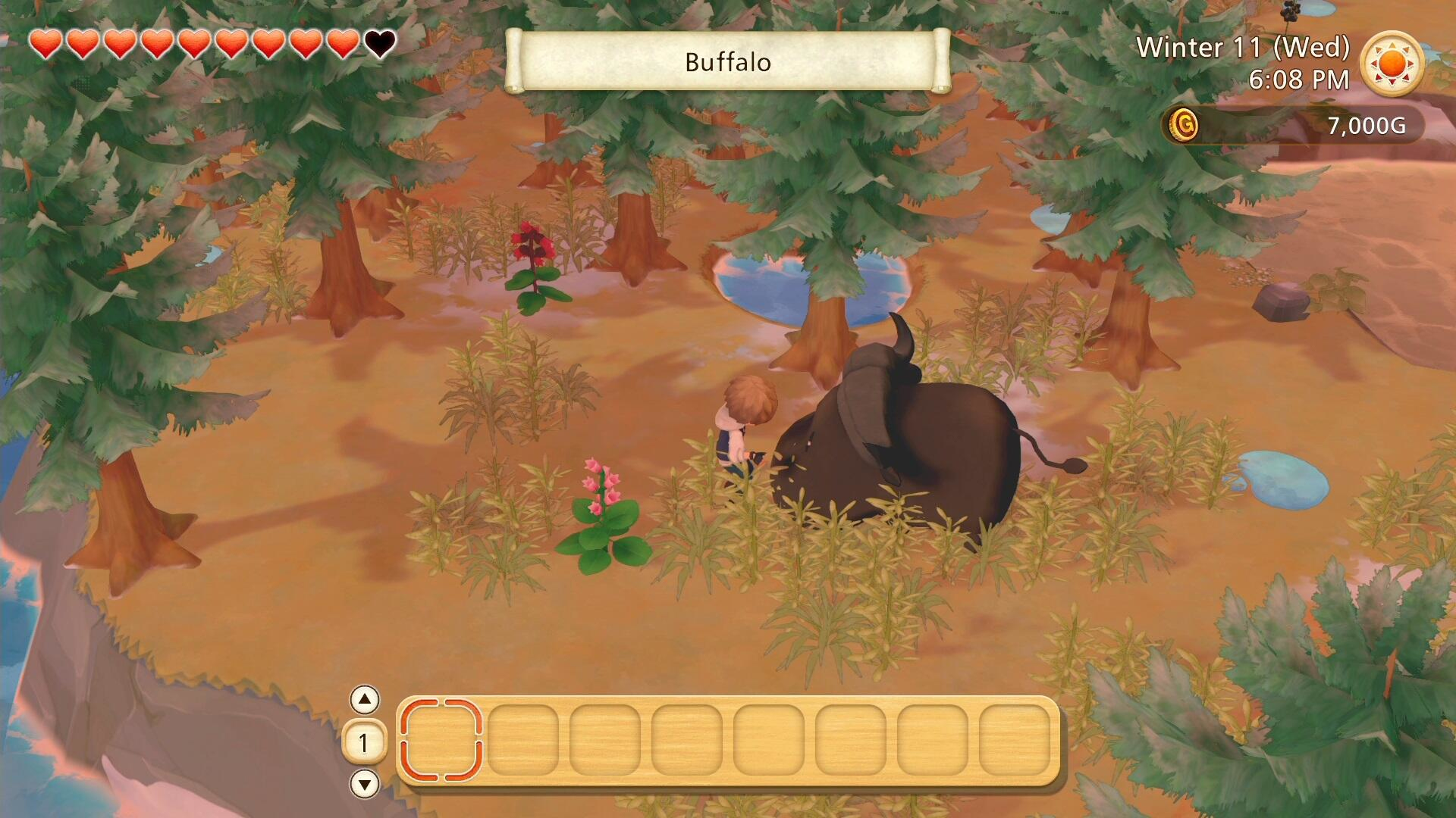 Spielszene: eine Person auf einem Feld mit einem Büffel. Bäume und ein Fluss im Hintergrund.