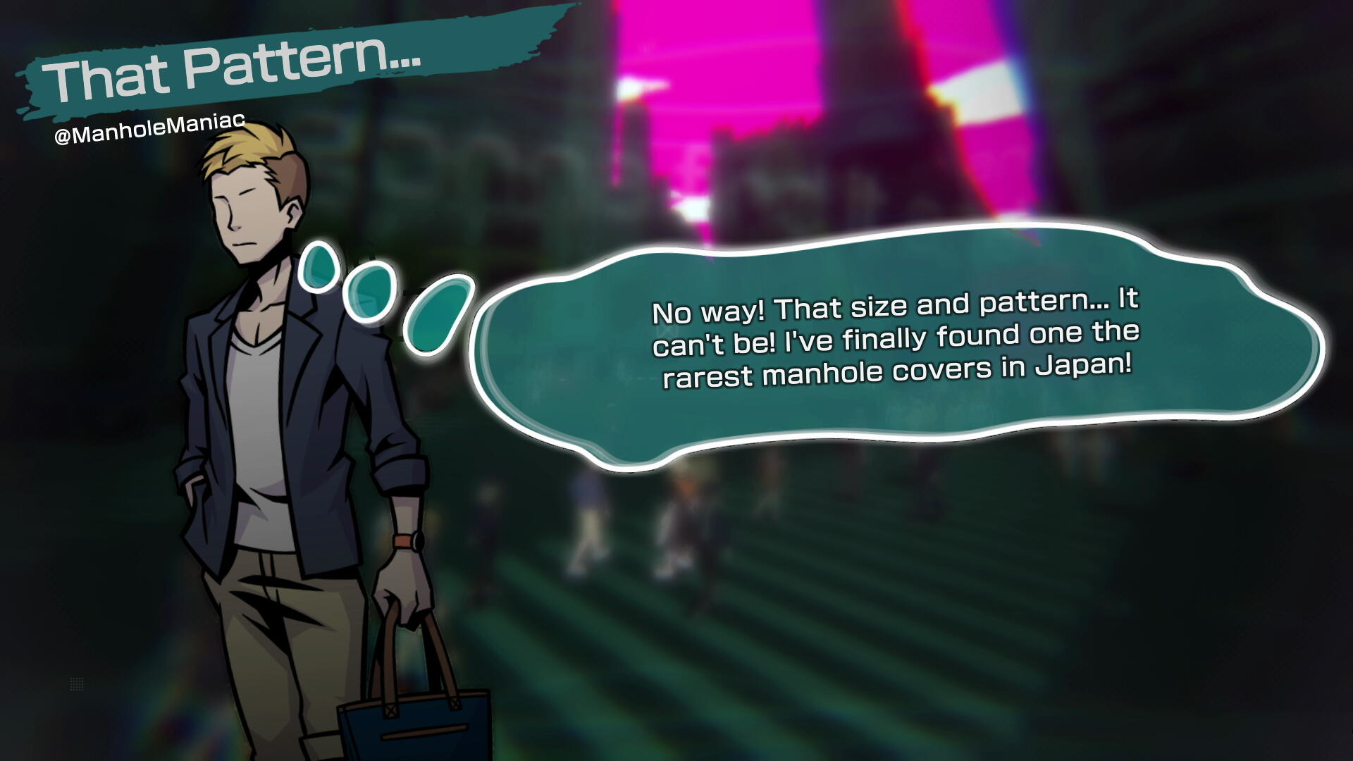 Postać mówi w scenie miejskiej. Dymek pokazuje słowa. Tło jest rozmyte.