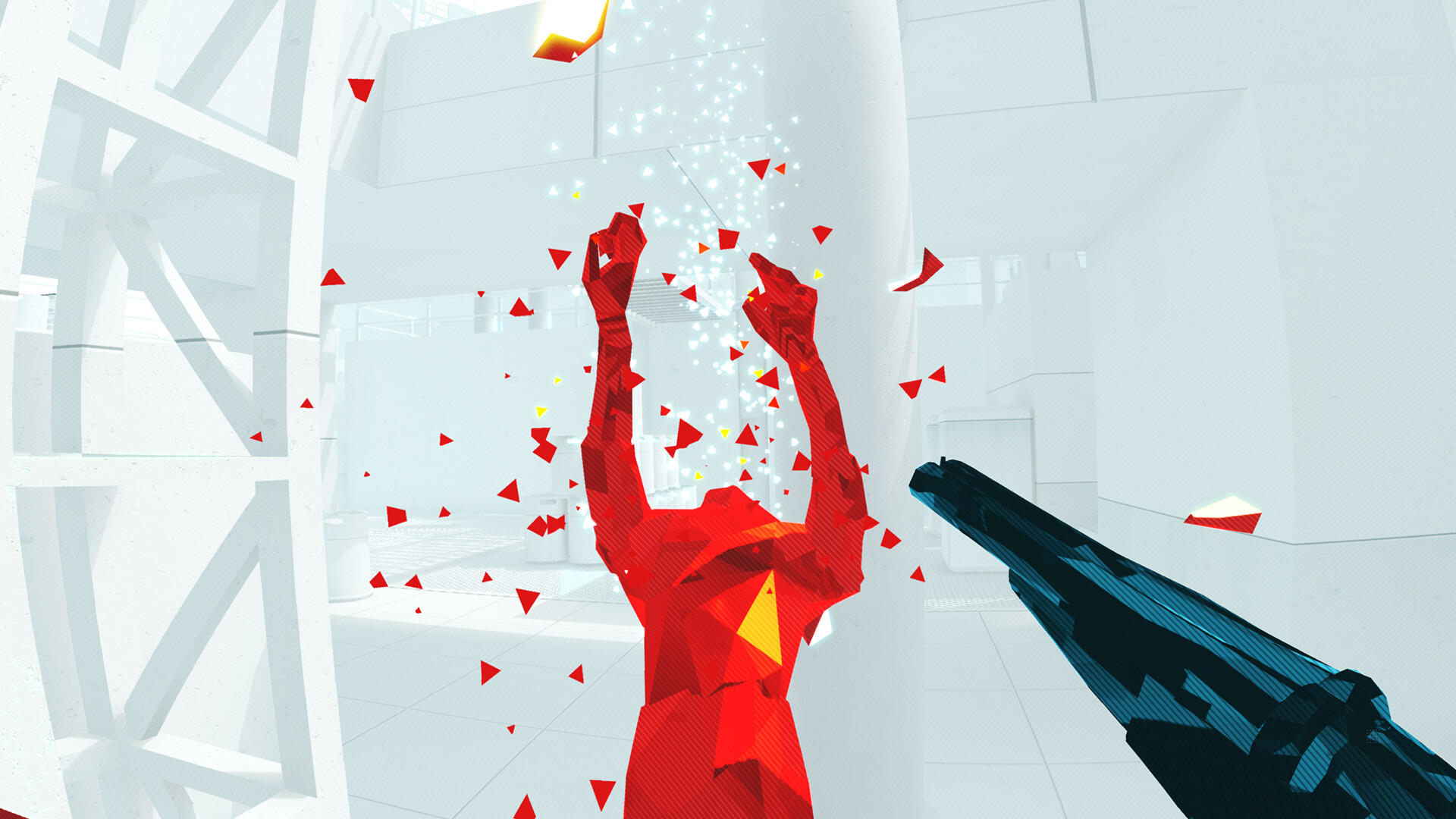 Eine rote Figur explodiert in Scherben. Eine Schrotflinte ist sichtbar. Heller, weißer Hintergrund.