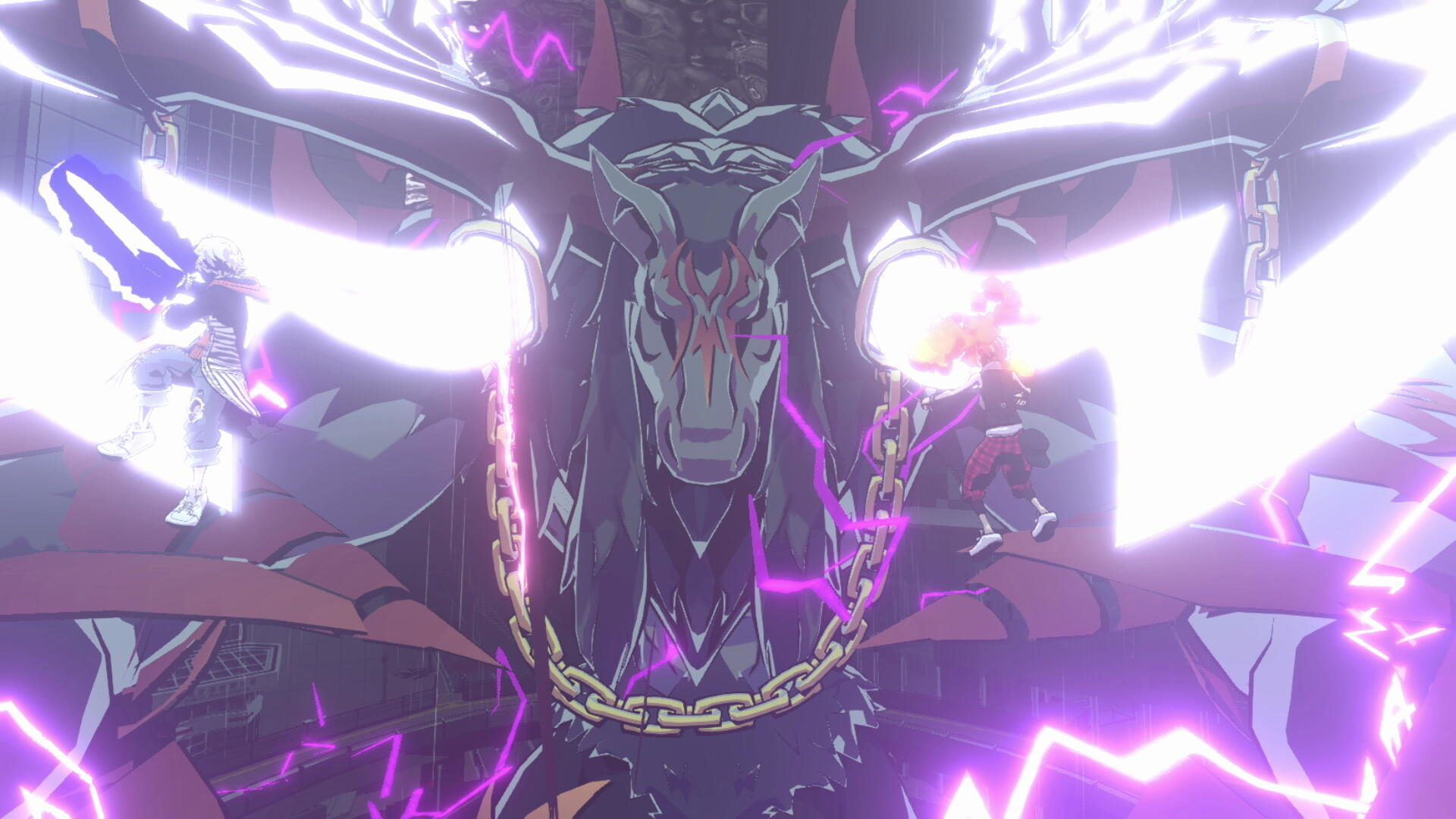 Dwie postacie stają naprzeciw dużego potwora z wiązkami energii. Potwór ma koronę i łańcuch.