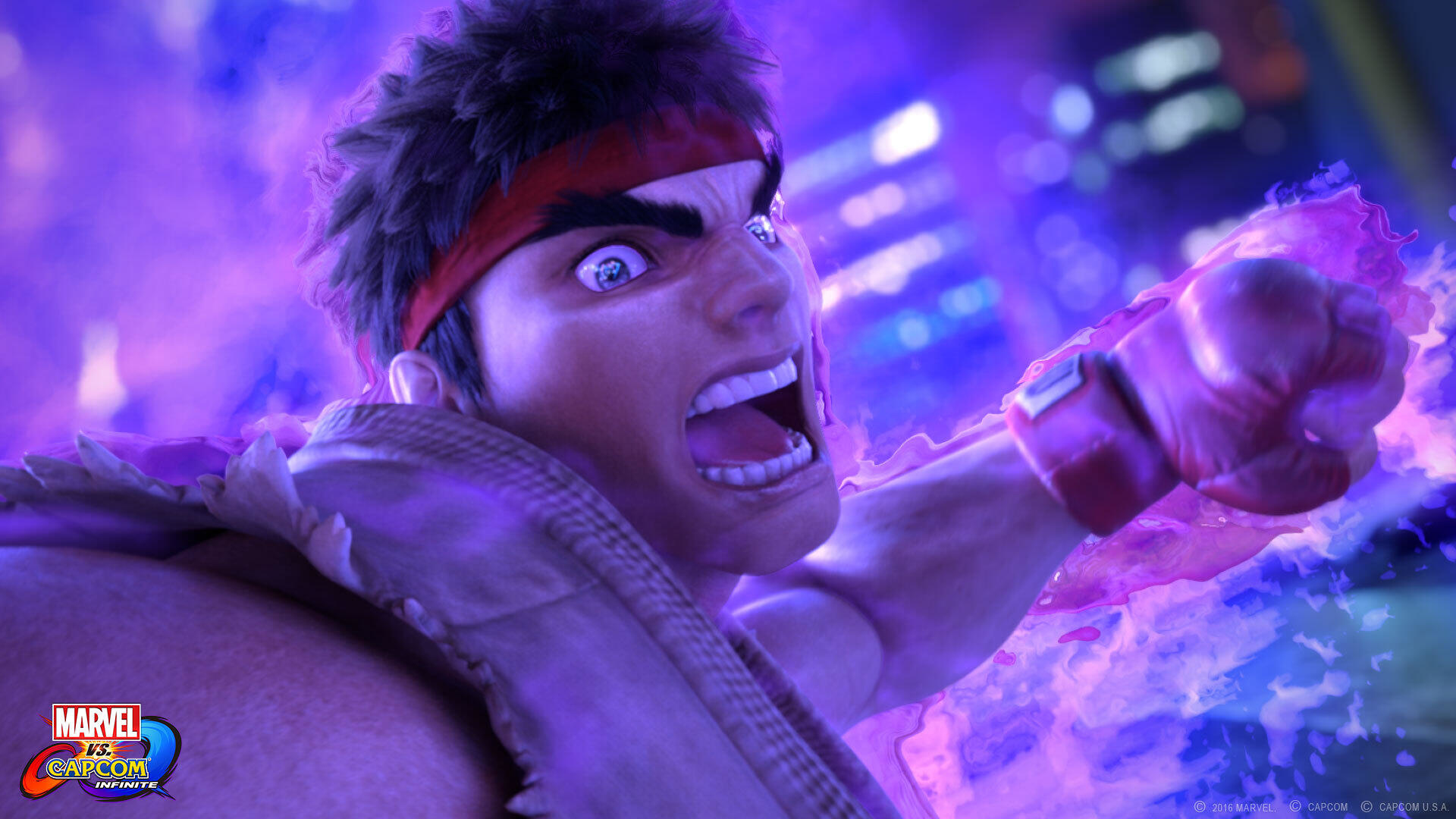 Ryu aus Street Fighter schreit mit geballter Faust, umgeben von lila Energie.