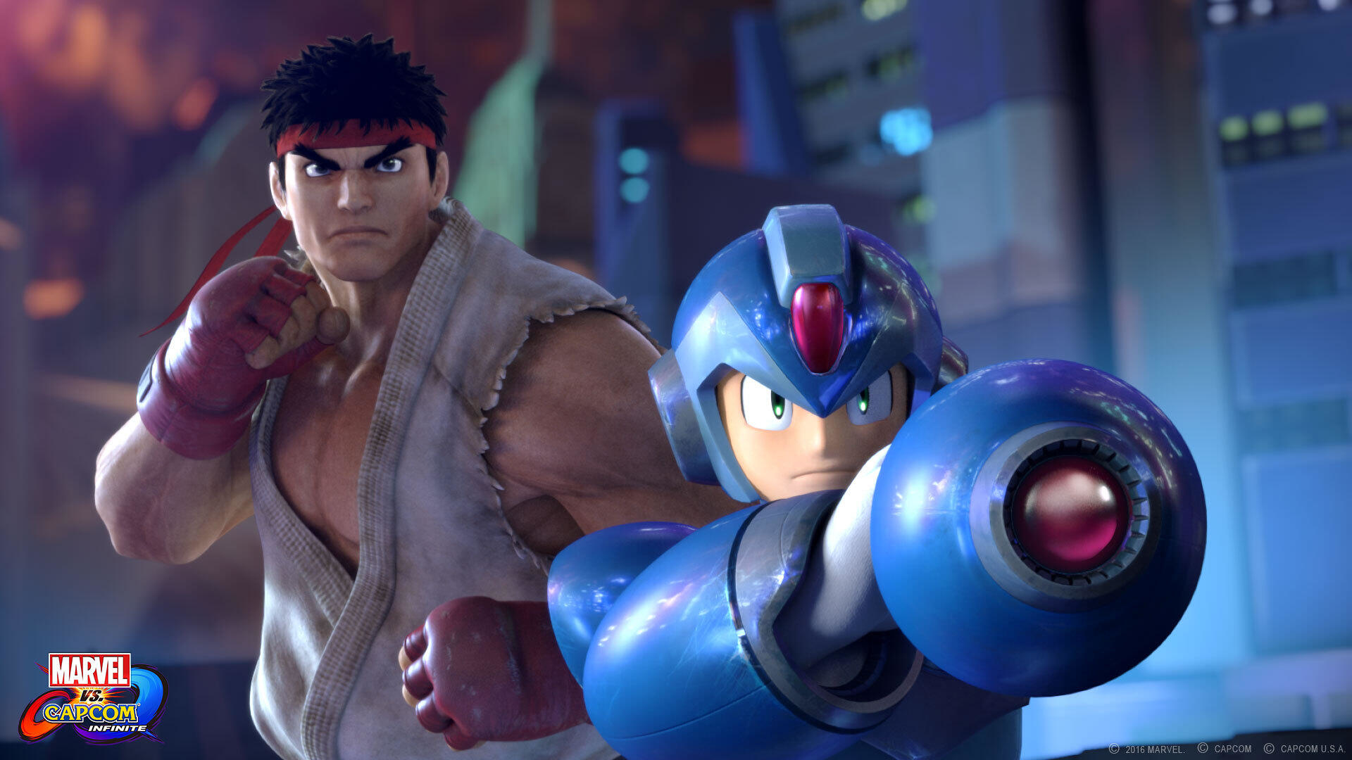 Marvel-Charaktere: Ryu und Mega Man. Sie stehen nebeneinander. Blauer Hintergrund.
