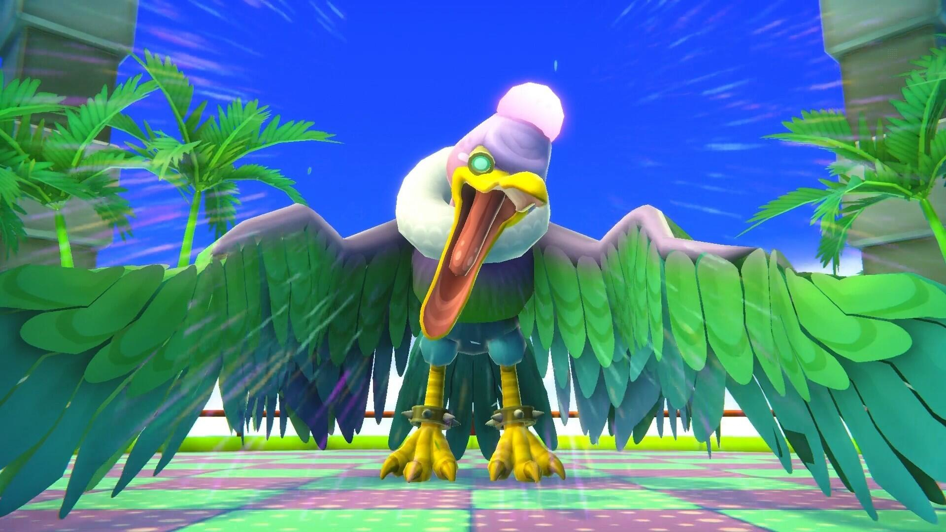 Kreskówkowy ptak z dużymi zielonymi skrzydłami i szeroko otwartymi ustami.