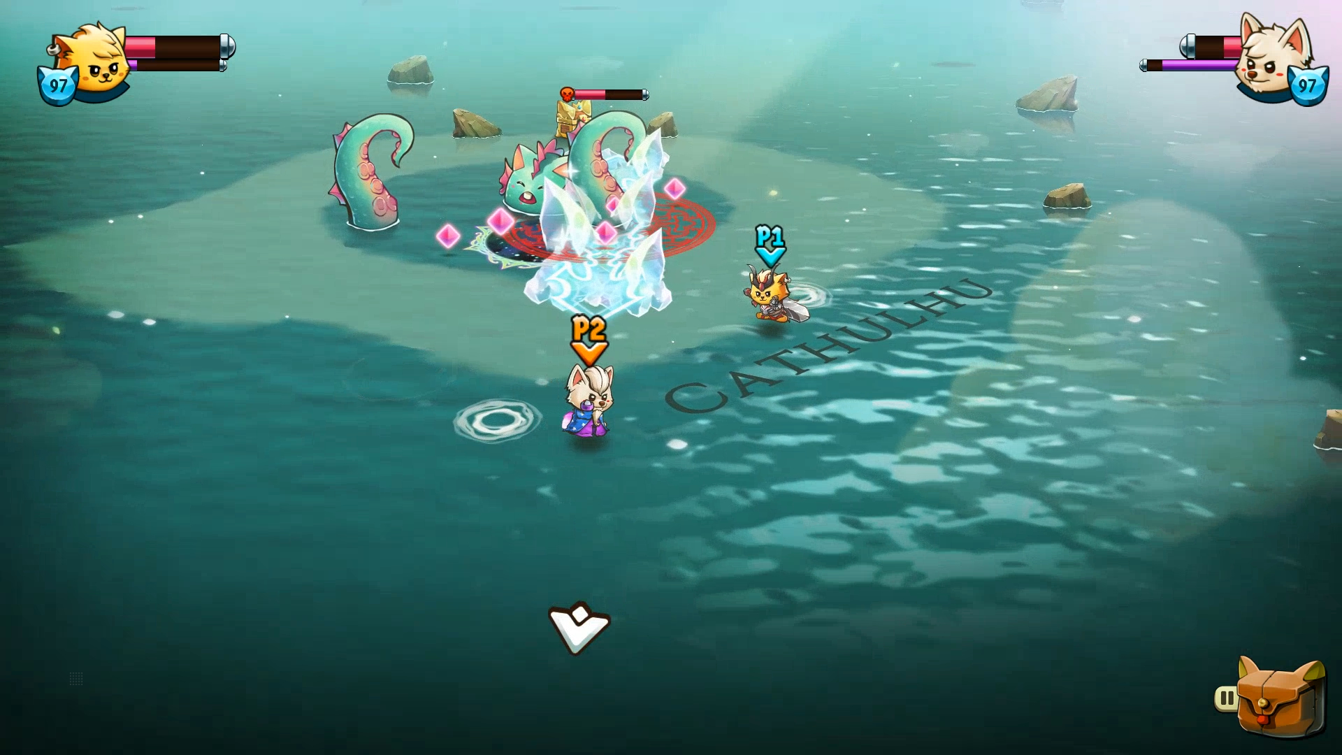 Scena gry z dwiema postaciami walczącymi z potworami morskimi w wodzie.