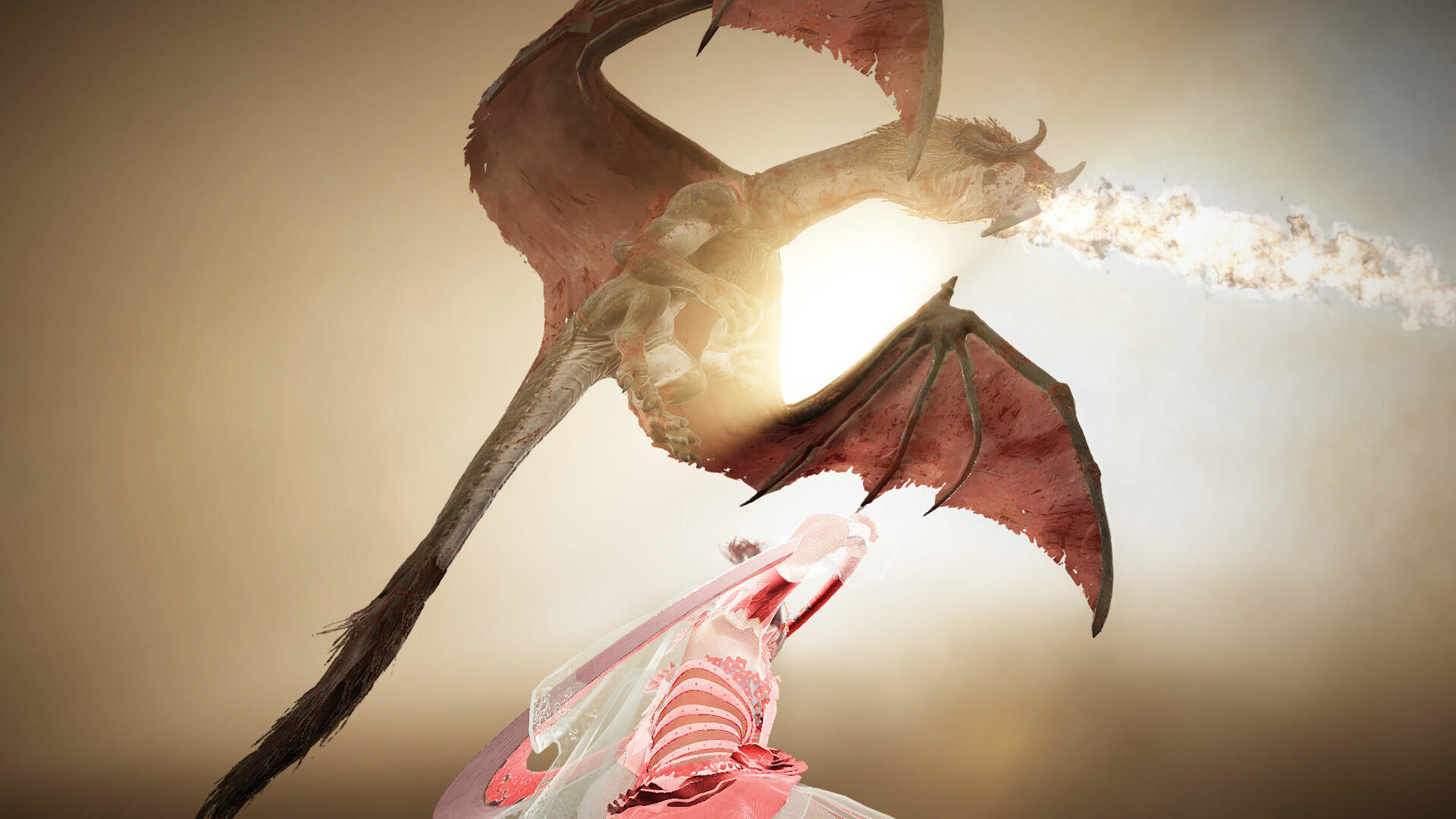 Smok zionie ogniem na osobę. Smok ma czerwone skrzydła. Osoba ma na sobie białą suknię.