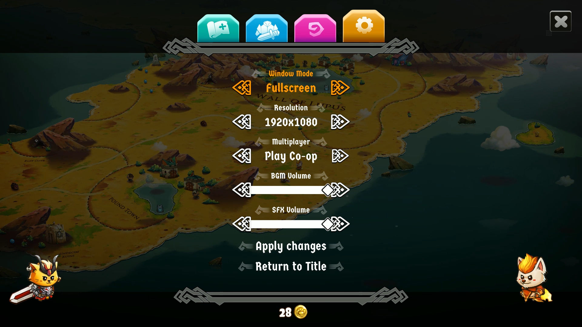 Menu gry wideo z opcjami trybu okna, rozdzielczości, trybu wieloosobowego i głośności.