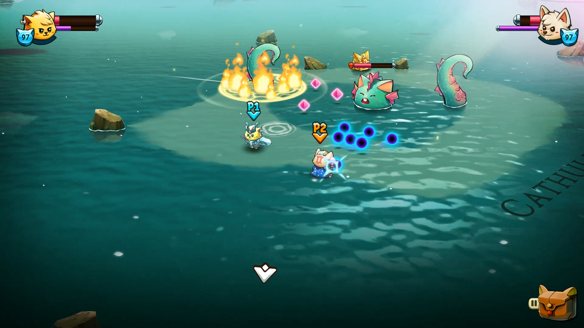 Scena bitwy z kreskówek z postaciami przypominającymi koty walczącymi z morskimi potworami w wodzie.