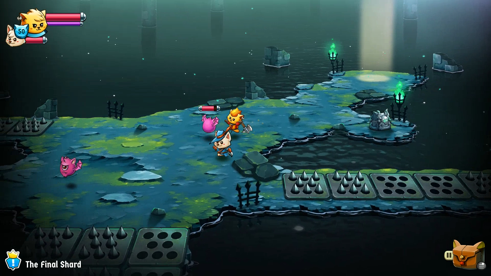 Grupa postaci z kreskówek na wodnistej powierzchni. Są kolce i potwory.