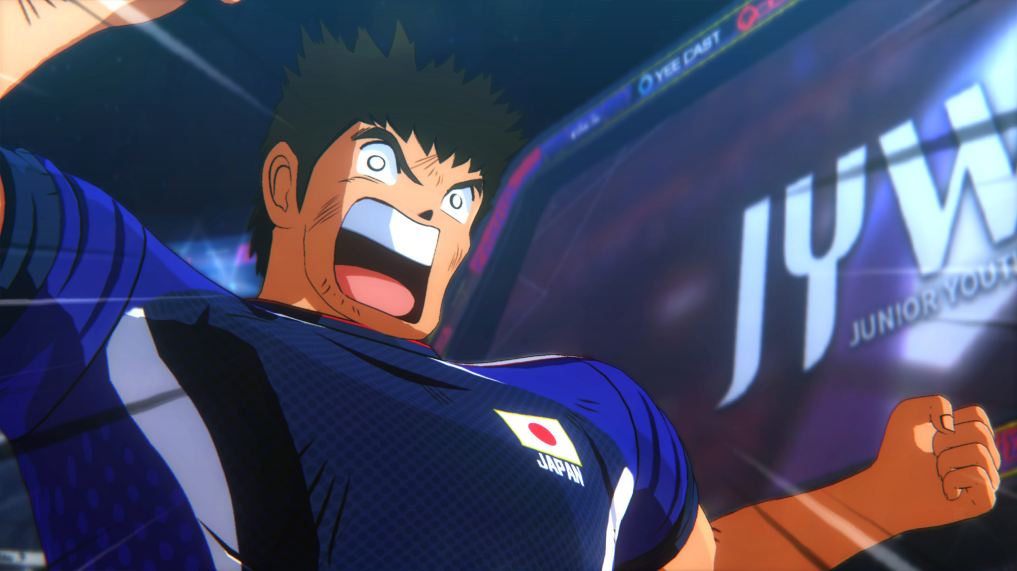Anime-Charakter ist aufgeregt, trägt ein blau-weißes Trikot, bereit zu feiern.