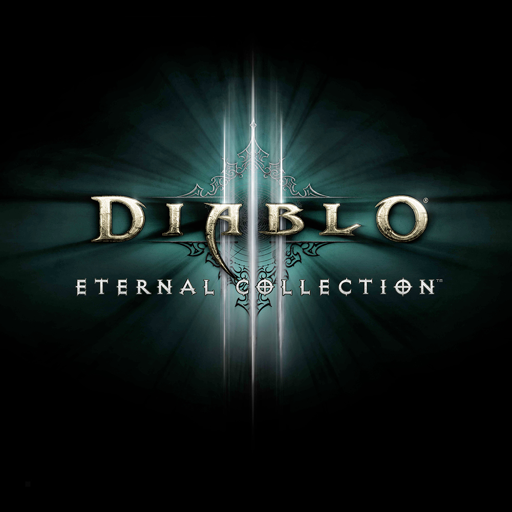Logo Diablo Eternal Collection z ciemnozielonym tłem i złotym tekstem.