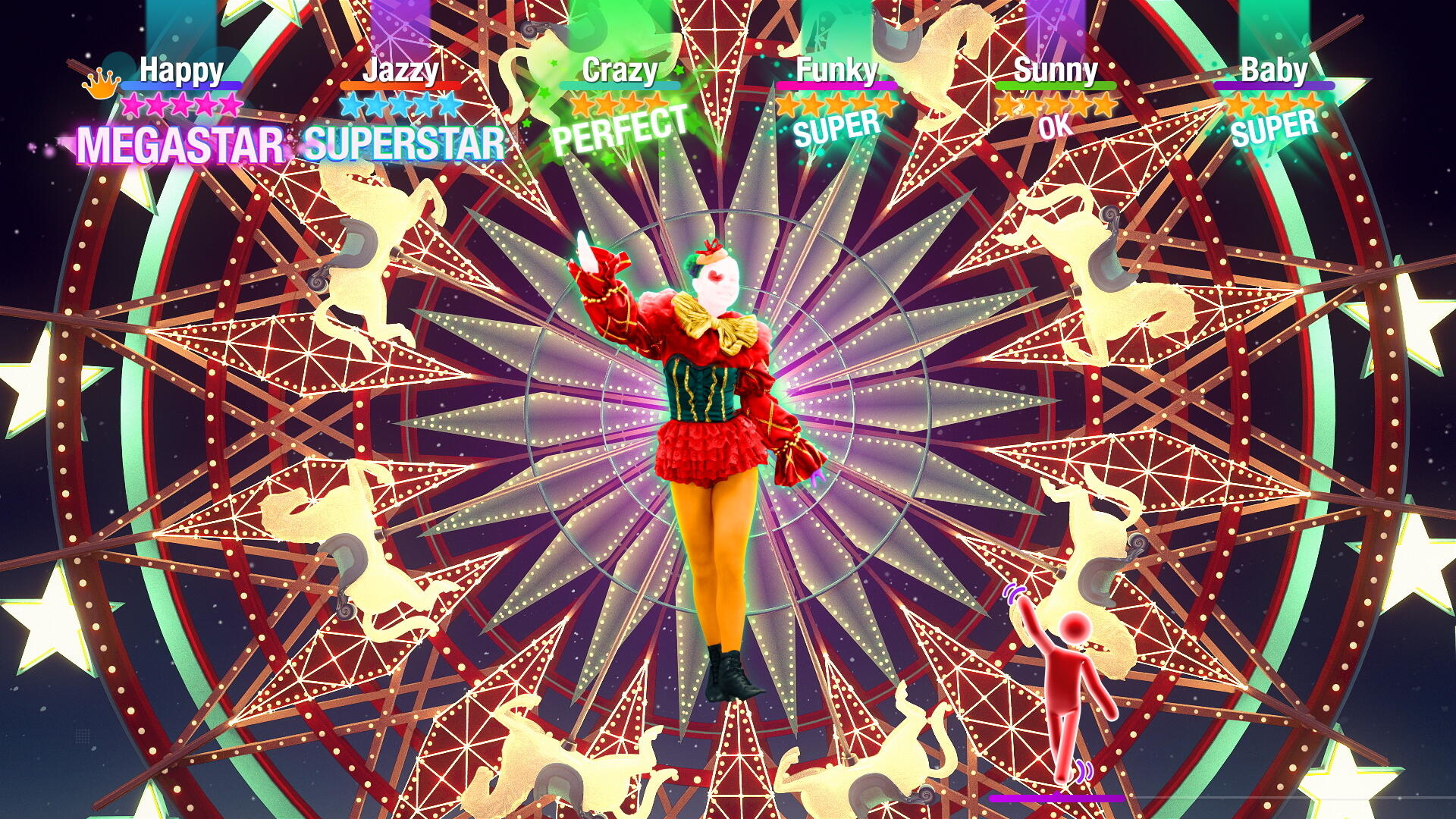 Eine farbenfrohe Spielszene mit einem clownartigen Charakter und einem Riesenrad im Hintergrund.