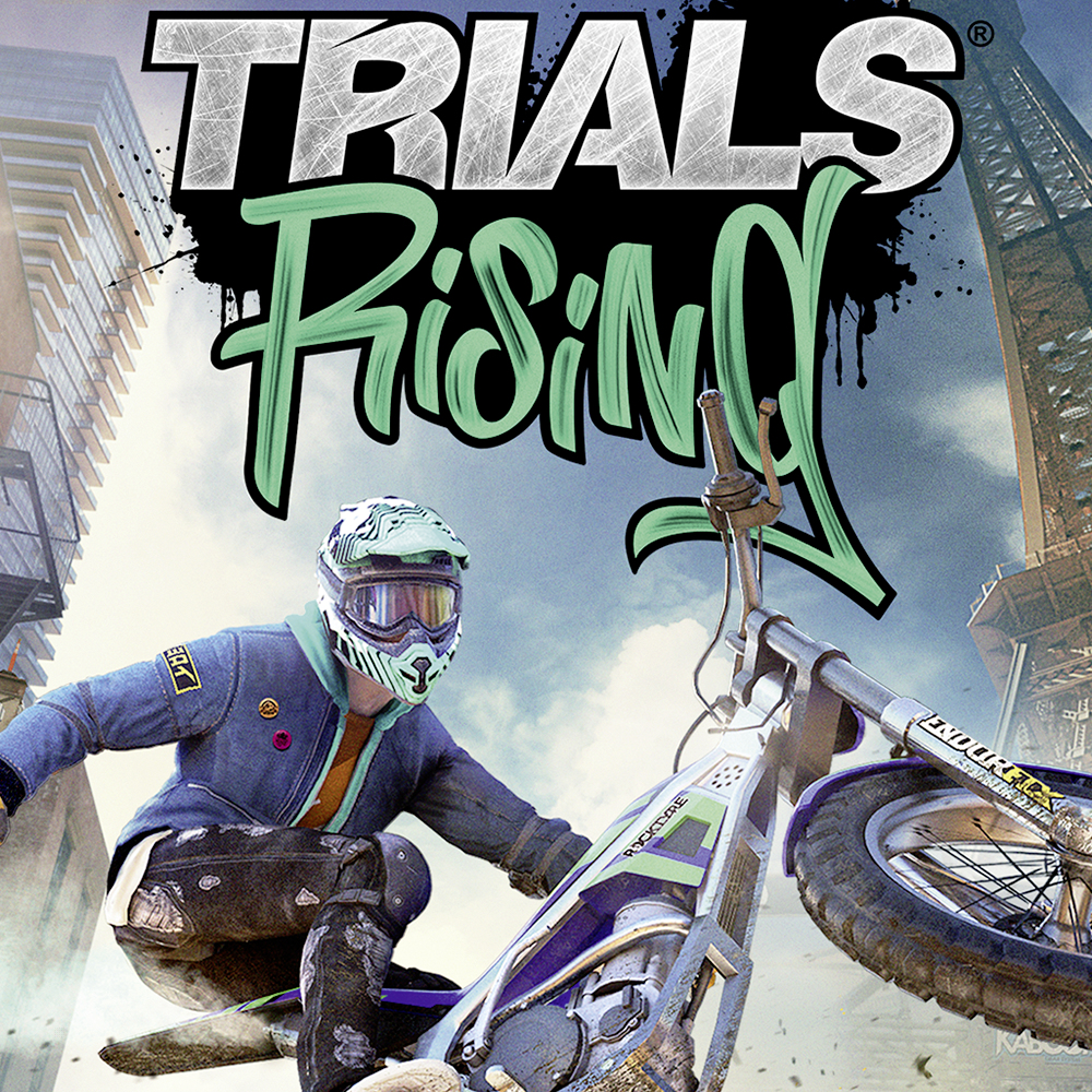 Okładka Trials Rising, pokazująca motocyklistę na motocyklu w skoku. Tłem jest miasto.