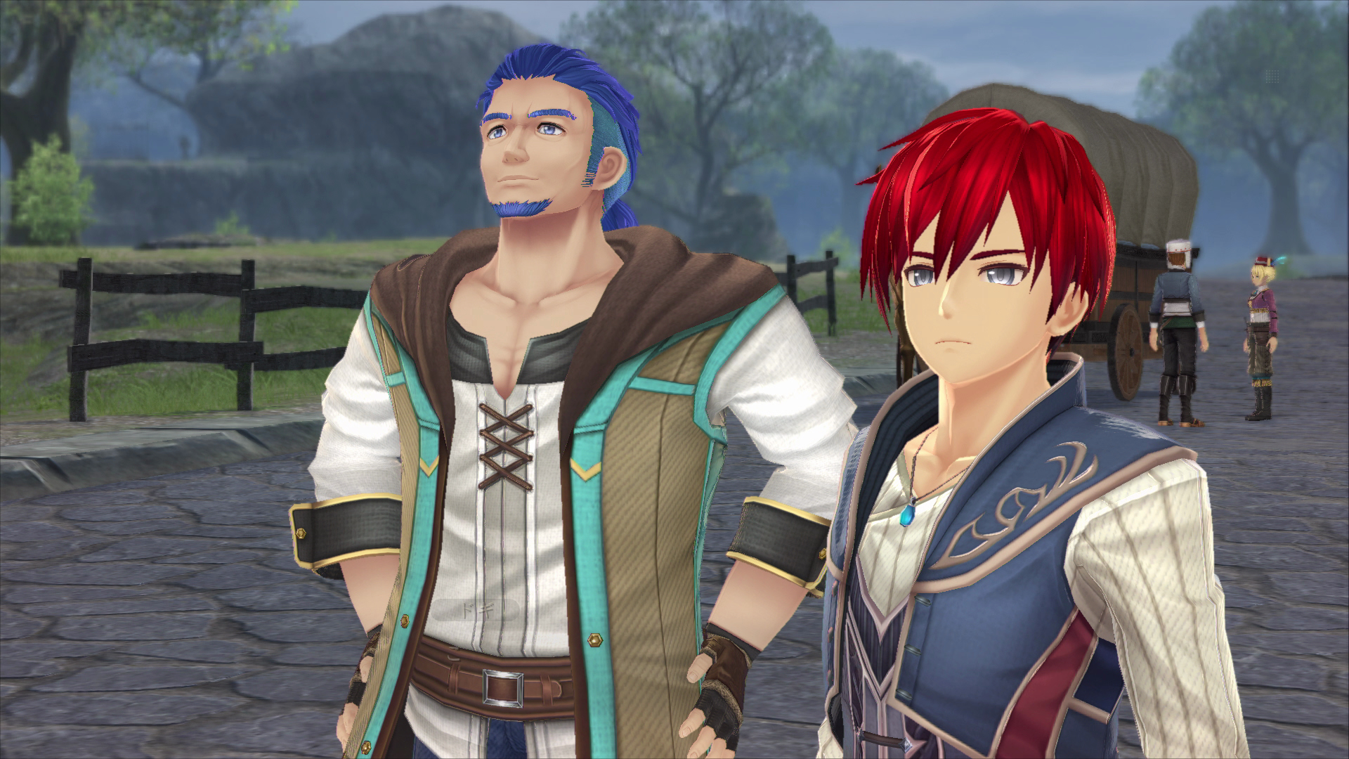 Dwóch mężczyzn patrzy na siebie. W tle wóz i budynki.