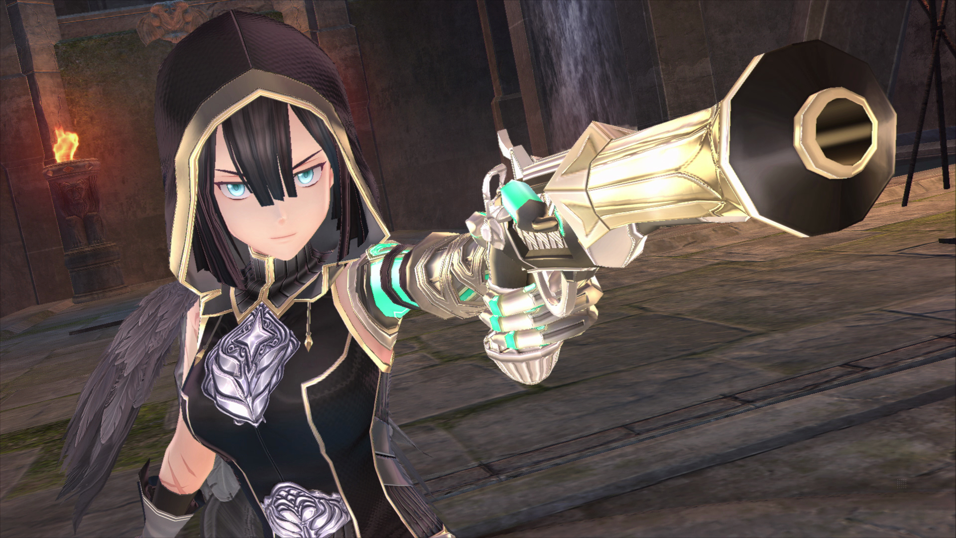 Kobieta z bronią celuje. Ma czarne włosy i nosi kaptur.