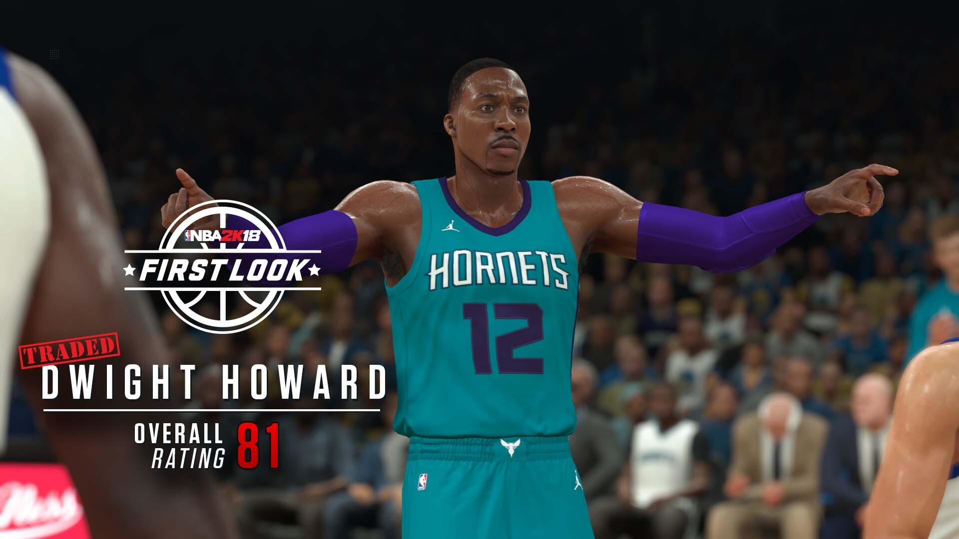 Dwight Howard w koszykarskim uniformie z napisem 'NBA 2K18 FIRST LOOK'.