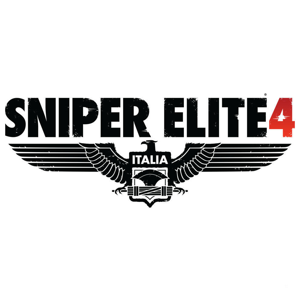 Logo Sniper Elite 4 z herbem, orłem i tekstem na białym tle.