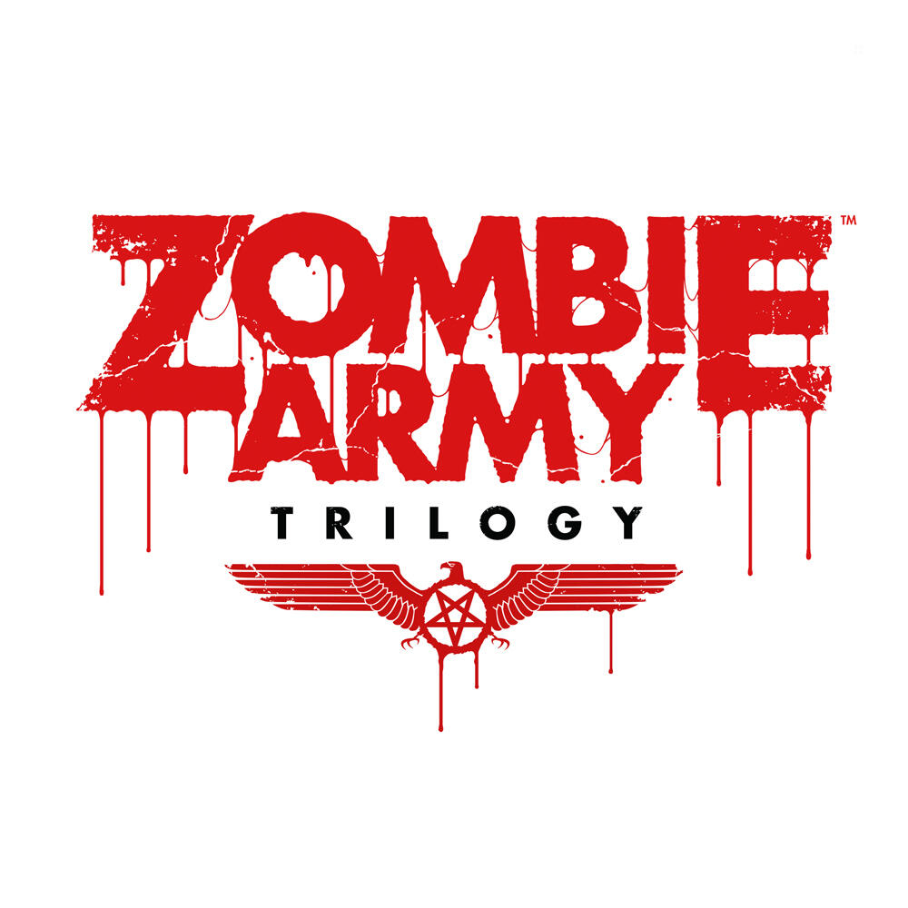 Czerwone logo 'Zombie Army Trilogy' z efektem kapiącej krwi na białym tle.
