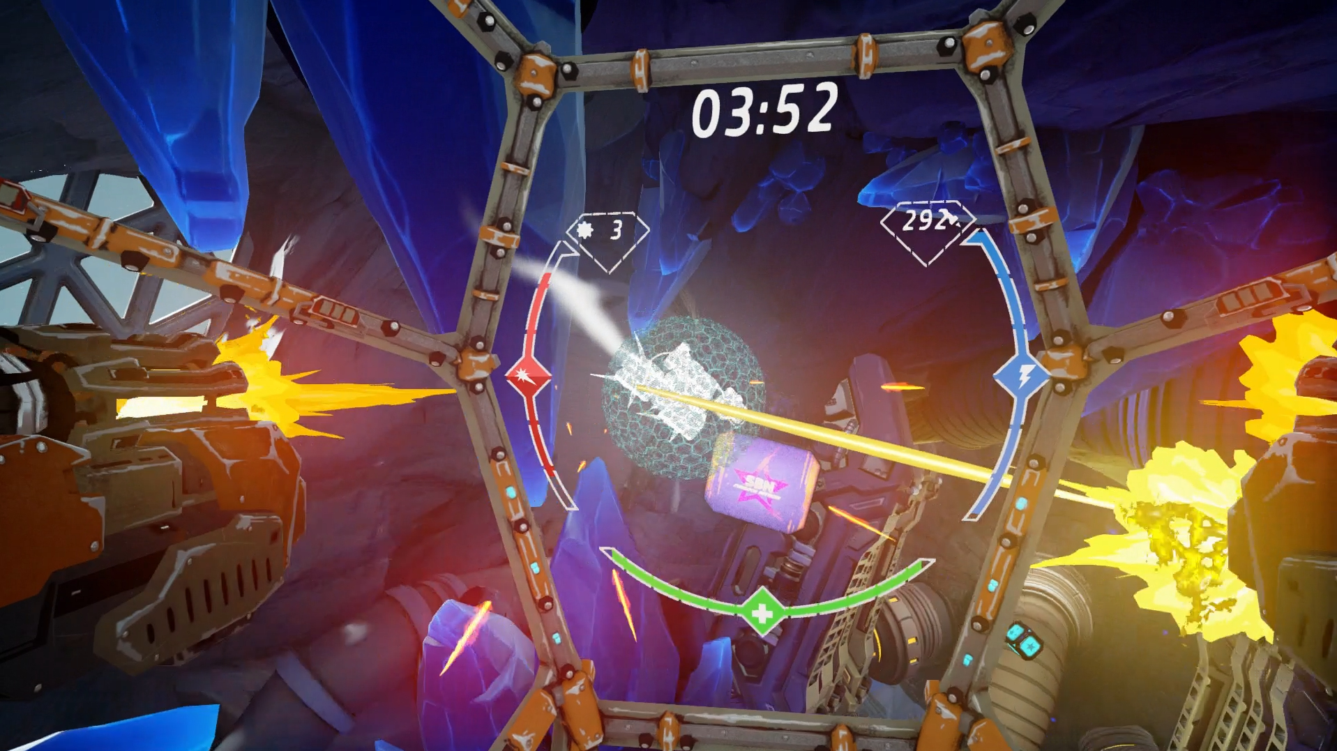 Ego-Perspektive in einem Spiel, mit Blick auf ein sechseckiges Display mit Ziel und Zeitzähler.