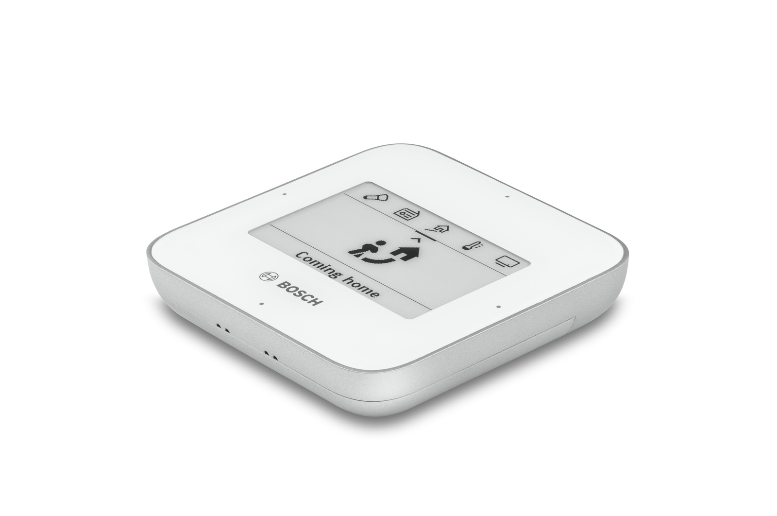 Weißes Smart-Home-Gerät mit einem Bildschirm, der ein Symbol und Text anzeigt.
