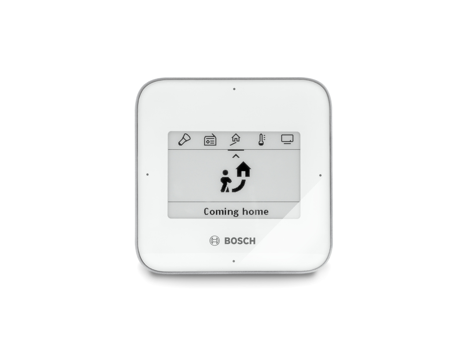Weißes Smart-Home-Gerät mit einem Bildschirm, der Symbole und den Text 'Coming home' anzeigt.