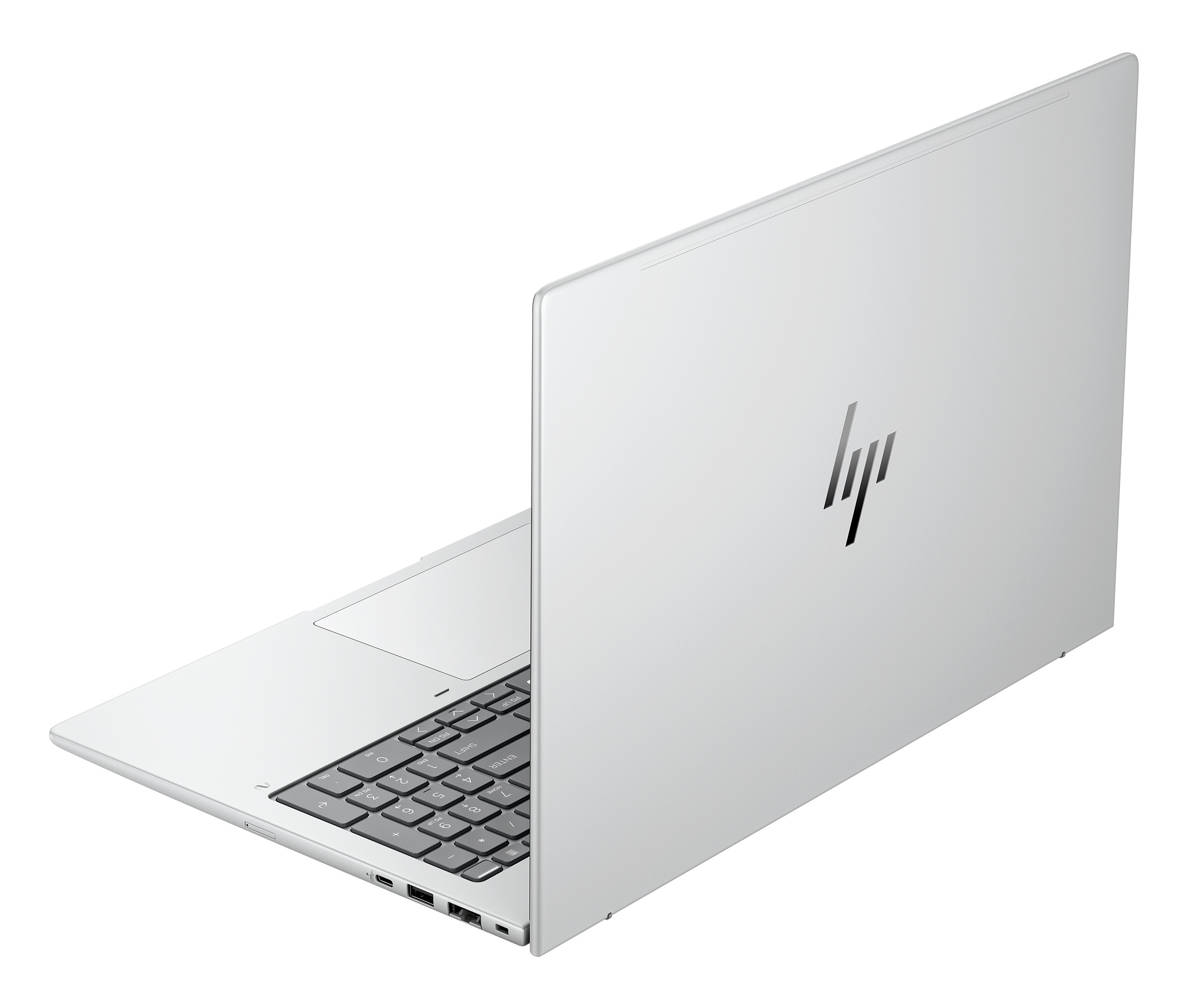 Un laptop argentato, la parte posteriore rivolta verso la fotocamera, con un logo.
