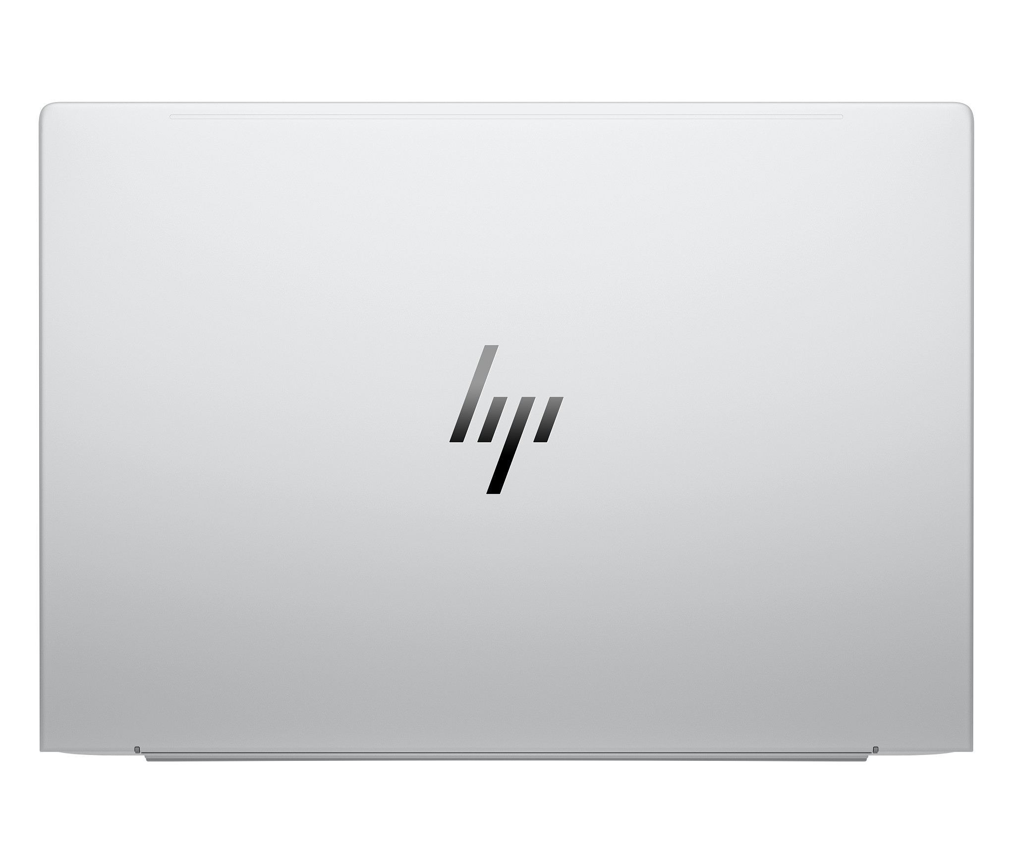 Il retro di un laptop argentato con il logo HP al centro.
