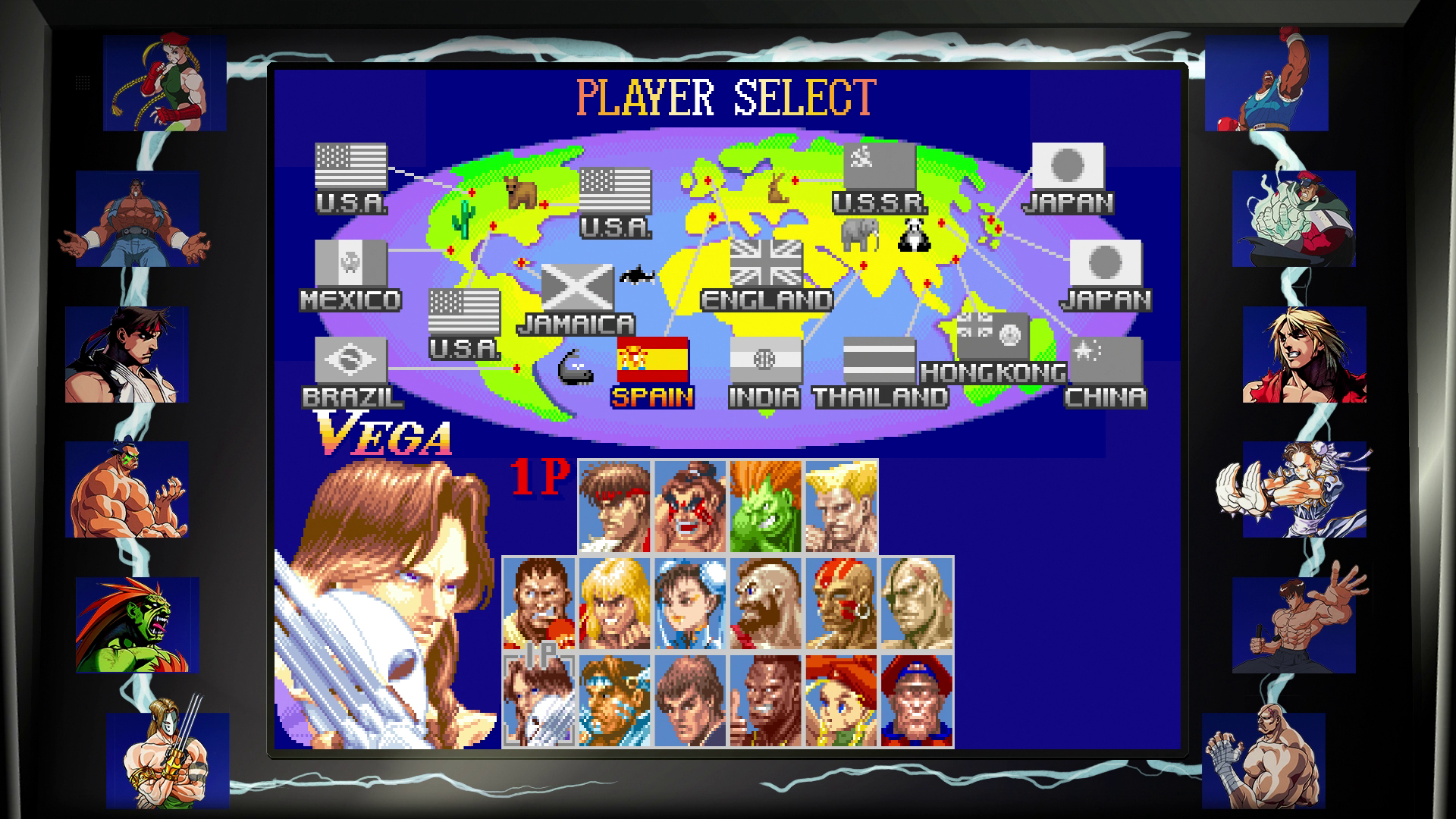 Street Fighter II Charakterauswahlbildschirm. Weltkartenhintergrund, Kämpfer befinden sich in Kästchen am Rand.