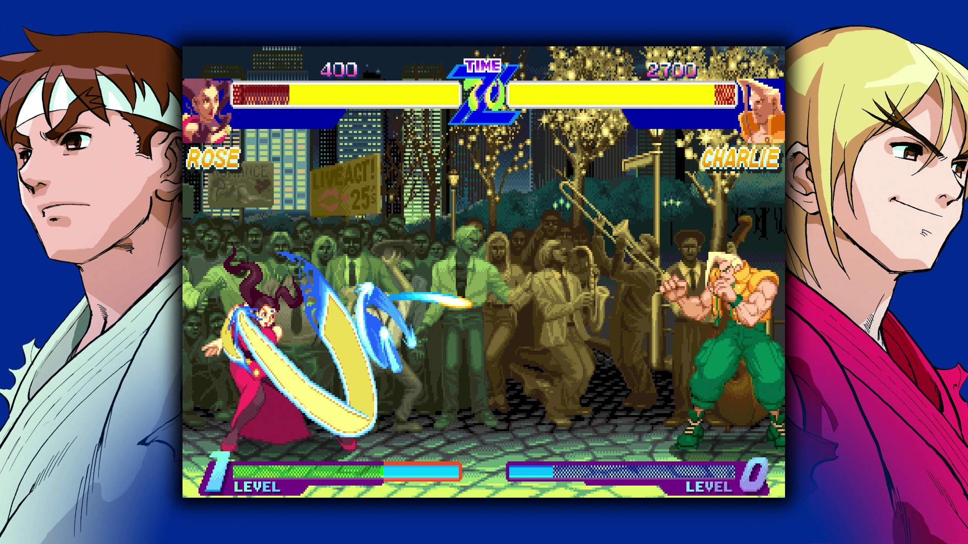 Zwei Street Fighter-Charaktere, Rose und Charlie, kämpfen auf einer Stadtstraße mit einer Menschenmenge.