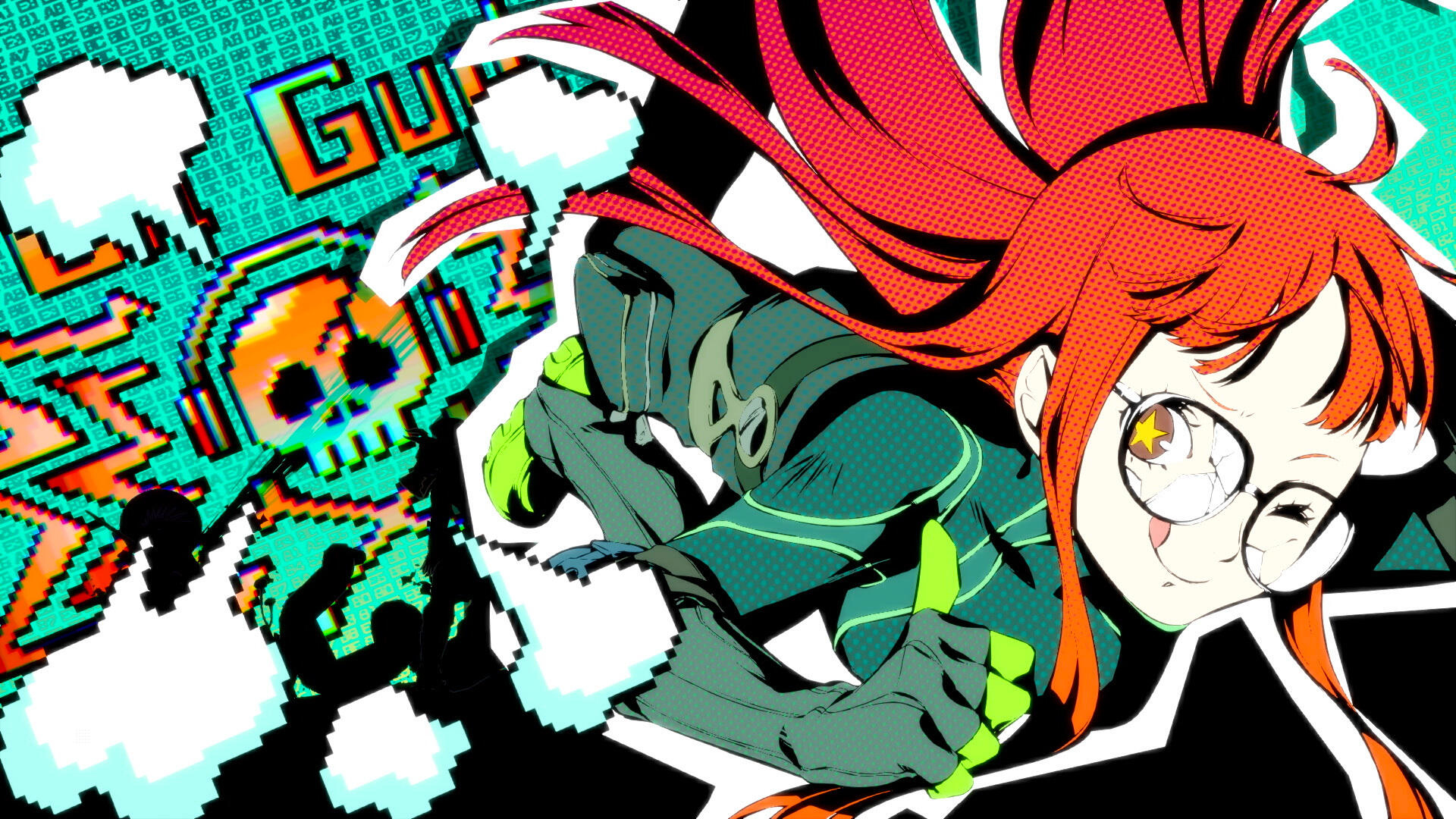 Postać z rudymi włosami i okularami w pikselowej scenie. Obecna jest czaszka i tekst GU.