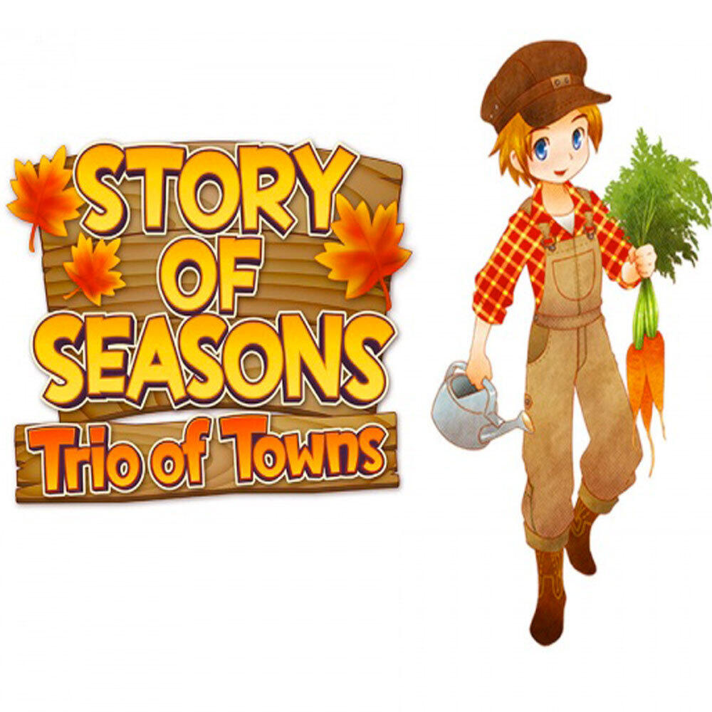 Logo Story of Seasons: Trio of Towns z rolnikiem trzymającym marchew i konewkę.