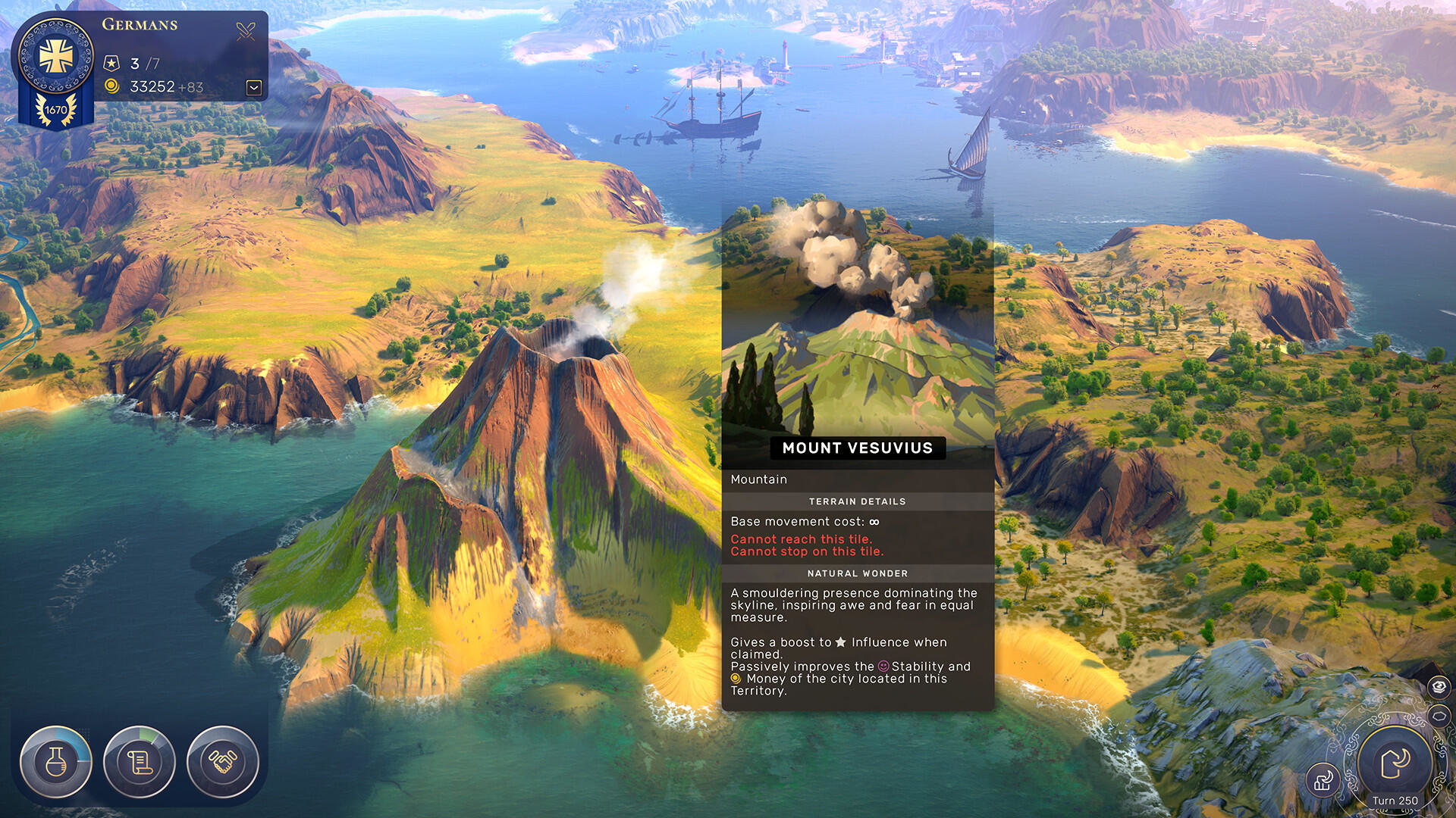 Eine Spielkarte mit Vulkan, Bergen, Meer und UI-Overlay mit Informationen.