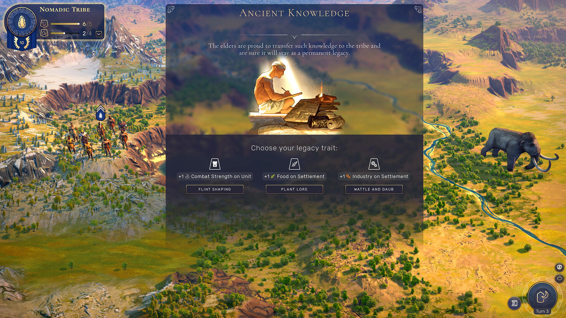 Ein Spiel-UI mit Auswahlmöglichkeiten. Eine Person liest ein Buch neben einem Mammut.