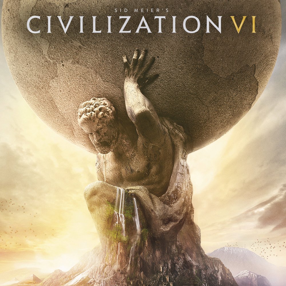 Eine Statue eines Mannes, der eine riesige Steinkugel hält. Der Spieletitel 'Civilization VI'.