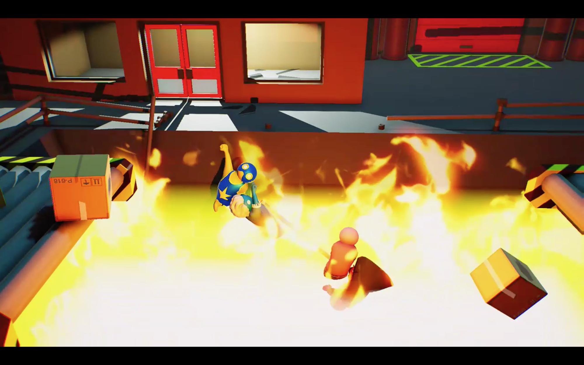 Drei Zeichentrickfiguren sind in einem Feuer. Feuer ist das Hauptelement.