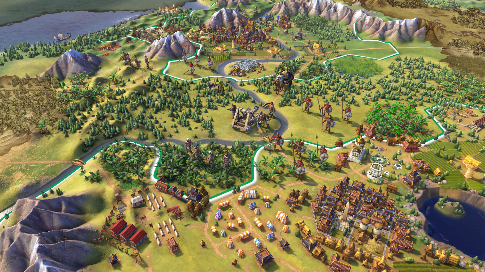 Draufsicht auf eine Spielkarte mit verschiedenen Einheiten, Gebäuden, Bergen und einem Fluss. Die Szene zeigt ein Strategiespiel.