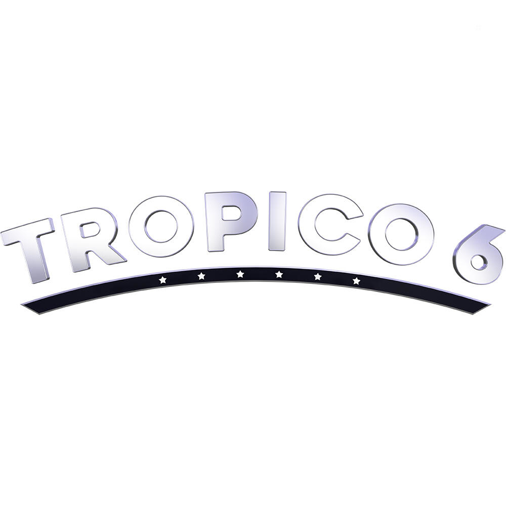 Słowo 'TROPICO 6' w srebrnych literach. Tytuł gry znajduje się nad czarnym banerem.