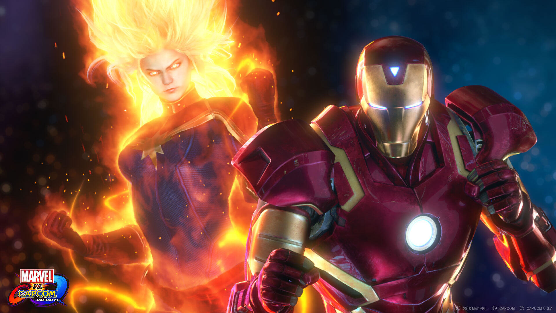 Zwei Charaktere, einer in Flammen, und Iron Man. Kampfpose vor einem Logo.