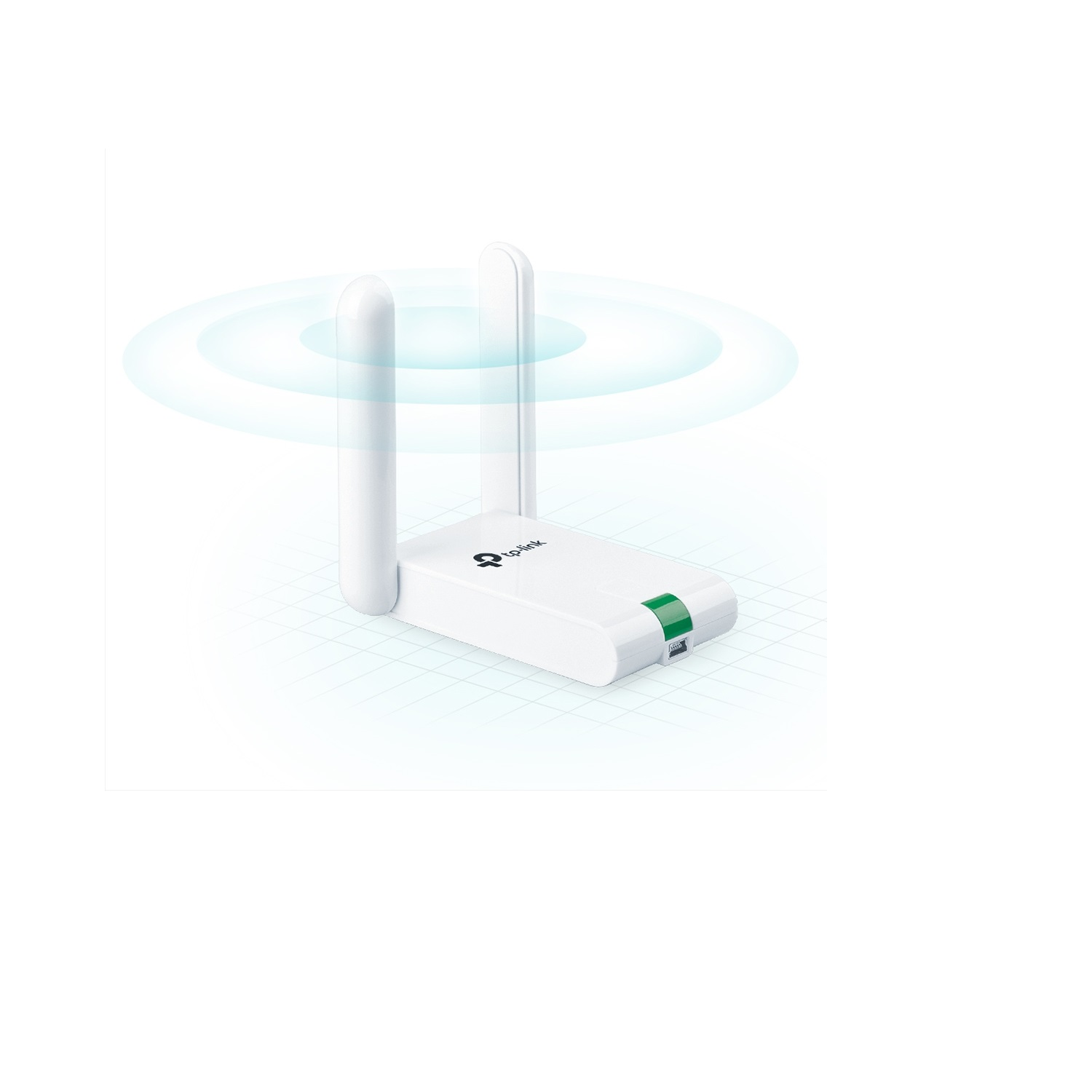 Extensor Wi-Fi TP-Link blanco con dos antenas, que emite ondas de señal azules.